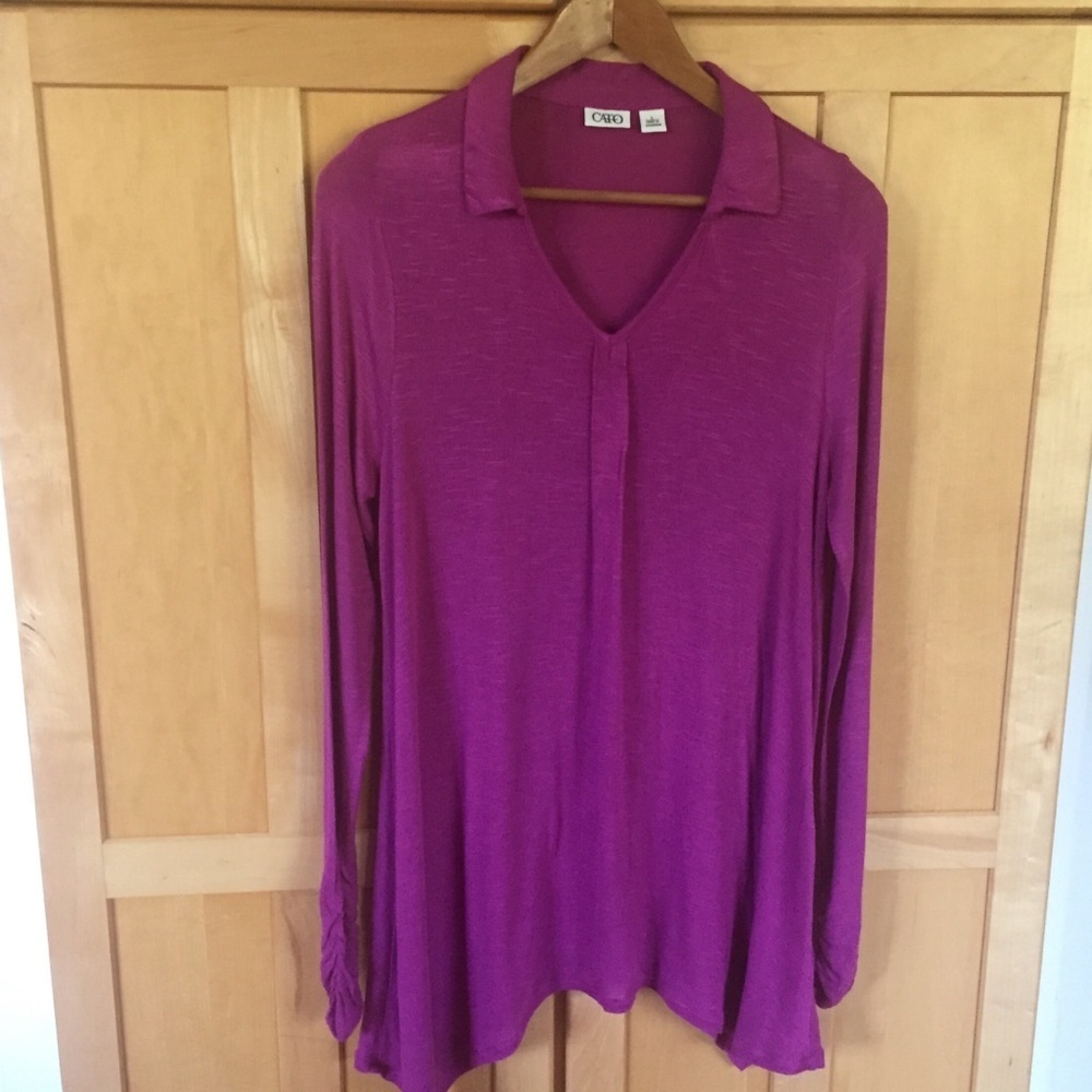 Cato fuschia pink color soft long sleeve collared Tunic TOP size Large
